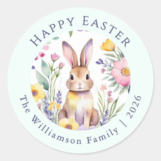 Easter Bunny Watercolor Floral Personalized ラウンドシール (正面)