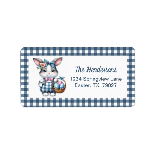 Easter Bunny with Basket of Eggs on Blue Gingham ラベル (正面)