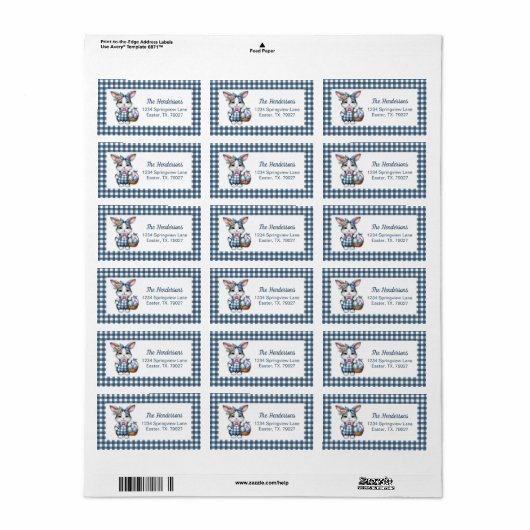 Easter Bunny with Basket of Eggs on Blue Gingham ラベル (フルシート)