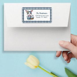 Easter Bunny with Basket of Eggs on Blue Gingham ラベル