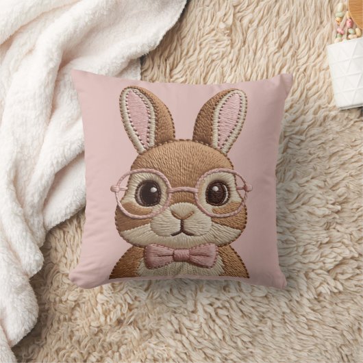 Easter Bunny with Glasses & Bow – Embroidered Look クッション (ブランケット)