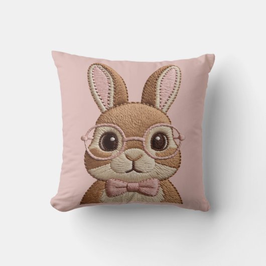 Easter Bunny with Glasses & Bow – Embroidered Look クッション (正面)
