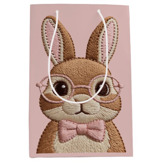 Easter Bunny with Glasses & Bow – Embroidered Look ミディアムペーパーバッグ (正面)