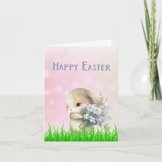 Easter Bunny with Pink and Blue Flowers Card シーズンカード (正面)