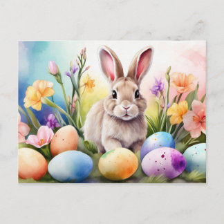 Easter Bunny with Spring Flowers, Painted Eggs シーズンポストカード
