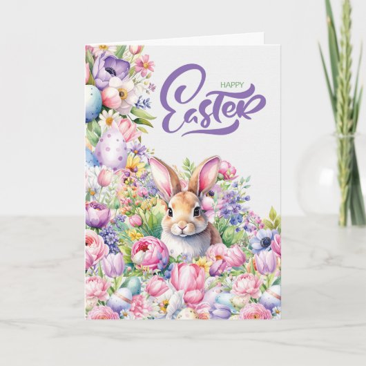 Easter Cheerful Bunny Rabbit in Spring Flowers シーズンカード (正面)