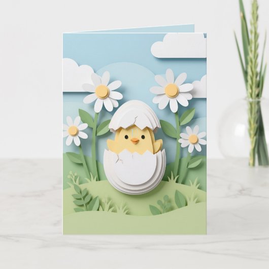 Easter Chick Papercraft Daisy Flowers Spring シーズンカード (正面)