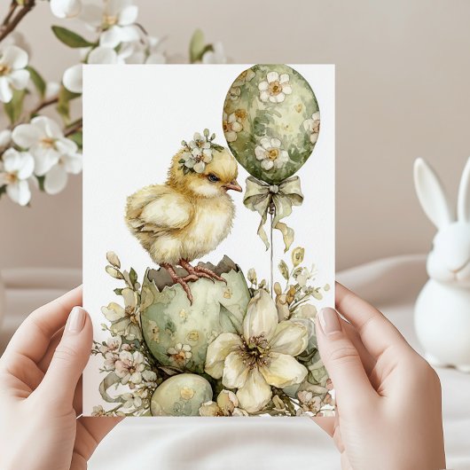 Easter Chick Spring Floral Watercolor Sage Green シーズンカード