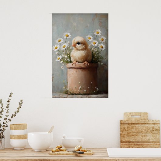 Easter Chicken Flower Pot Print, Rustic ポスター (キッチン)