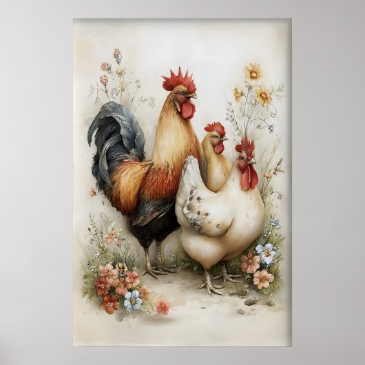 Easter Chicken Rooster Flowers Printable, Vintage ポスター (正面)