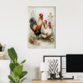 Easter Chicken Rooster Flowers Printable, Vintage ポスター (ホームオフィス)