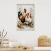 Easter Chicken Rooster Flowers Printable, Vintage ポスター (キッチン)