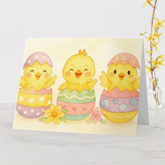 Easter Chicks Greeting カード (黄色い花)