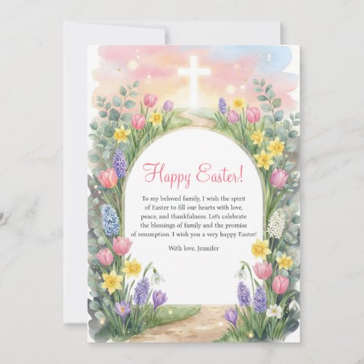 Easter Christian Blessings Cross Spring Flowers シーズンカード (正面)