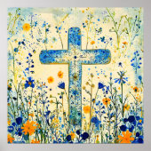 Easter cross by field of flowers ポスター (正面)