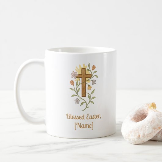 Easter Cross with Flowers, Faith Mug, Customizable コーヒーマグカップ (ドーナツ)