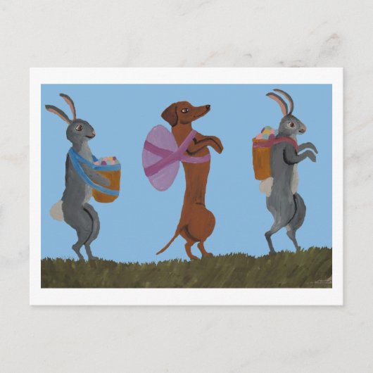  Easter Dachshund and bunnies marching ポストカード (正面)