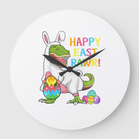 Easter Day Dinosaur Funny Happy Eastrawr T Rex Eas ラージ壁時計 (正面)