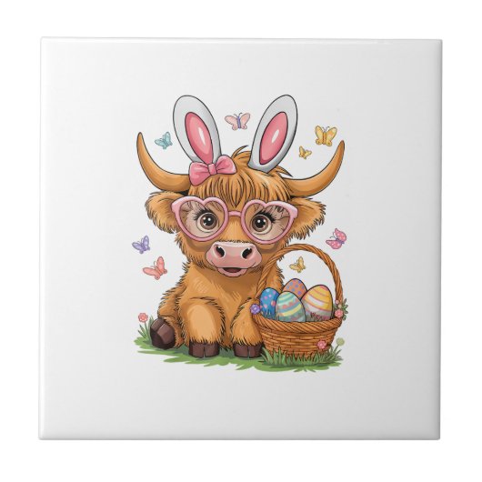 Easter Day Highland Cow Cute Easter Bunny Farmer W タイル (正面)