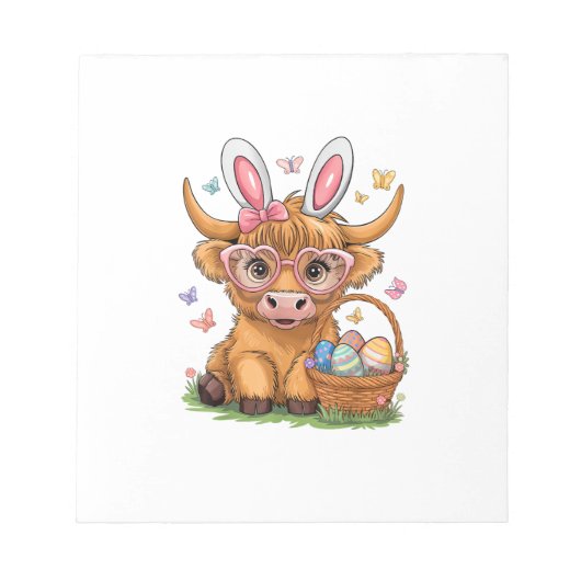 Easter Day Highland Cow Cute Easter Bunny Farmer W ノートパッド (正面)