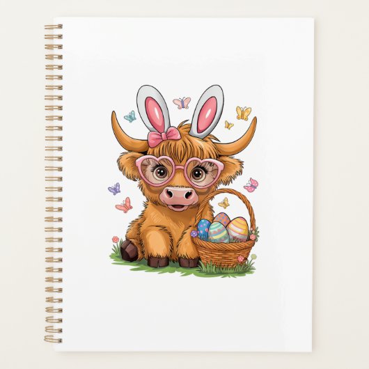 Easter Day Highland Cow Cute Easter Bunny Farmer W プランナー手帳 (正面)