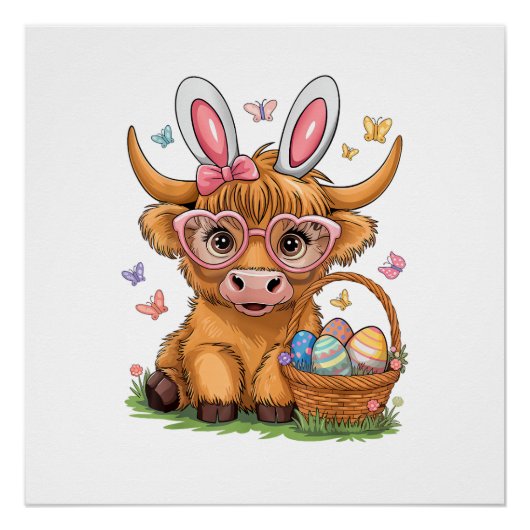 Easter Day Highland Cow Cute Easter Bunny Farmer W ポスター (正面)