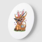 Easter Day Highland Cow Cute Easter Bunny Farmer W ラージ壁時計 (傾斜)