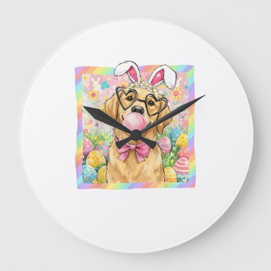 Easter Dog Bunny Ear Funny Golden Retriever Easter ラージ壁時計 (正面)