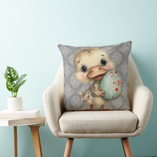 Easter Duckling Gray Damask Pattern Throw Pillow クッション (椅子)