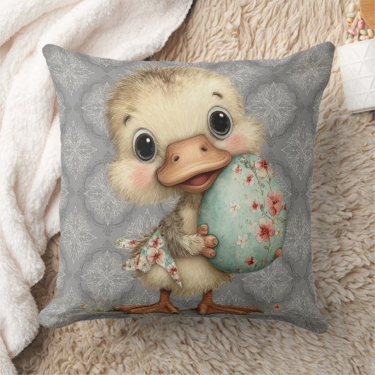 Easter Duckling Gray Damask Pattern Throw Pillow クッション (ブランケット)