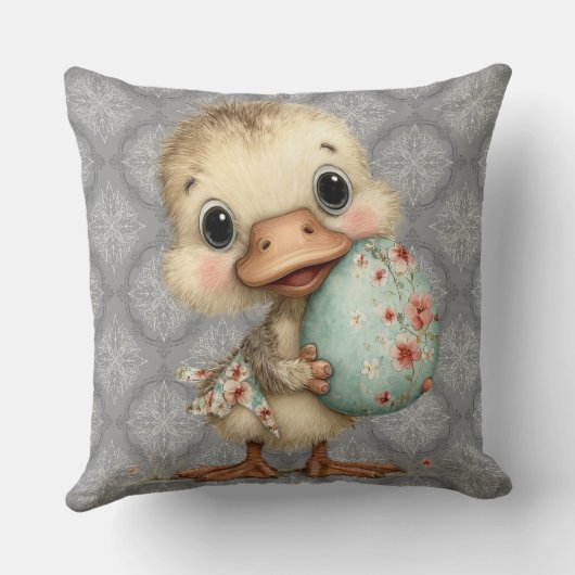Easter Duckling Gray Damask Pattern Throw Pillow クッション (裏面)