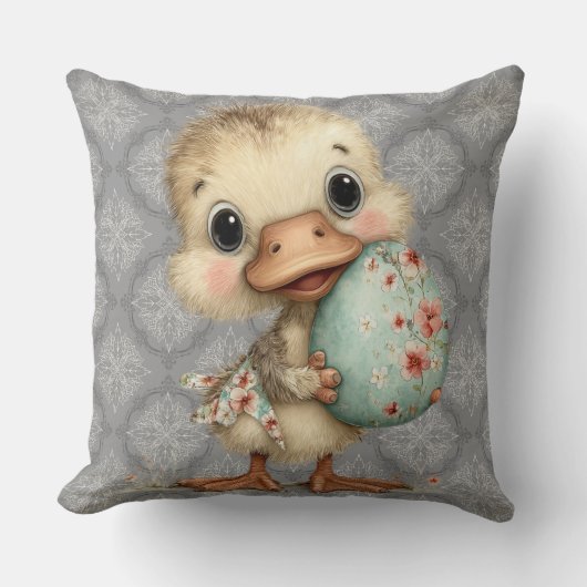 Easter Duckling Gray Damask Pattern Throw Pillow クッション (正面)