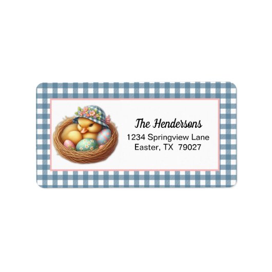 Easter Duckling with Eggs on Blue Gingham Plaid ラベル (正面)