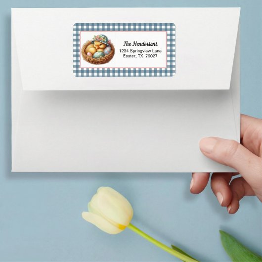 Easter Duckling with Eggs on Blue Gingham Plaid ラベル