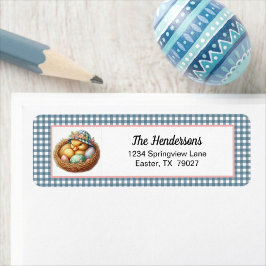 Easter Duckling with Eggs on Blue Gingham Plaid ラベル