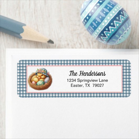 Easter Duckling with Eggs on Blue Gingham Plaid ラベル