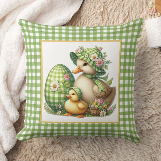 Easter Ducks Easter Egg & Flowers on Green Gingham クッション (ブランケット)