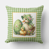 Easter Ducks Easter Egg & Flowers on Green Gingham クッション (正面)