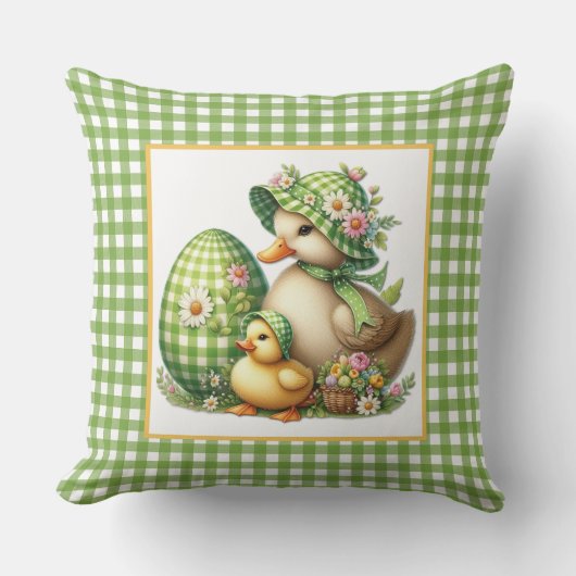 Easter Ducks Easter Egg & Flowers on Green Gingham クッション (正面)