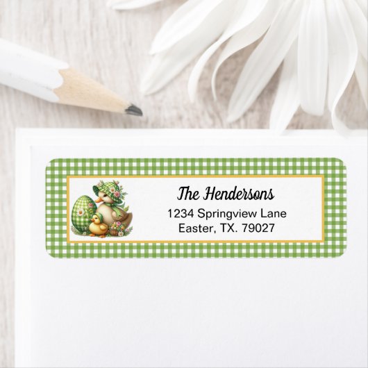 Easter Ducks Easter Egg & Flowers on Green Gingham ラベル (インサイチュ)
