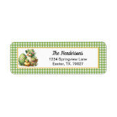 Easter Ducks Easter Egg & Flowers on Green Gingham ラベル (正面)