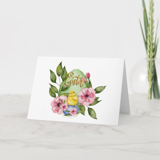 Easter Egg, Baby Chick, Pink Spring Flowers  カード (正面)