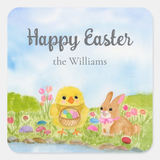  Easter Egg Brunch Chick Easter Bunny Party スクエアシール (正面)