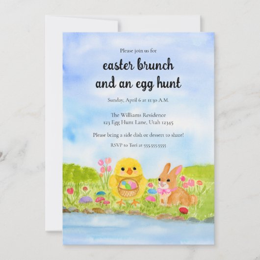  Easter Egg Brunch Chick Easter Bunny Party 招待状 (正面)