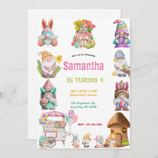 Easter Egg Gnomes Birthday girls 招待状 (正面/裏面)