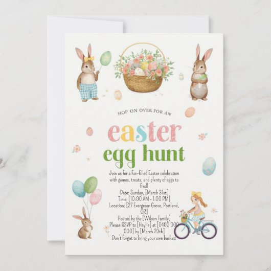 Easter Egg Hunt Invitation - Cute Bunny Watercolor 招待状 (正面)