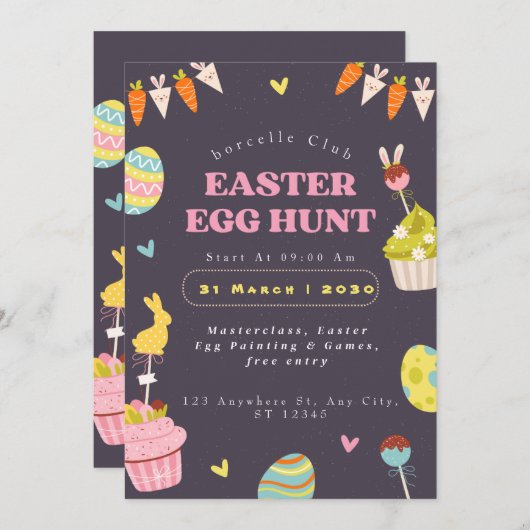 Easter Egg Hunt Invitation, Easter Bunny Invit 招待状 (正面/裏面)