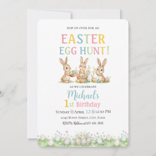 Easter Egg Hunt Michael's 1st Birthday Invitation 招待状 (正面)