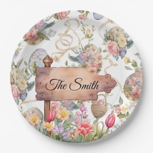 Easter Egg Hunt Party with Family Name ペーパープレート (正面)