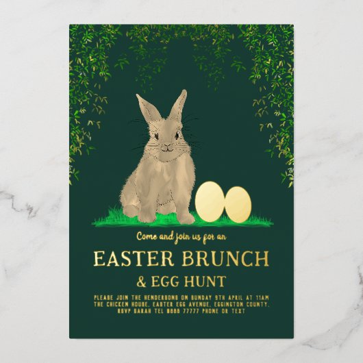Easter Egg Hunt Spring Brunch Cute Bunny Eggs Gold 箔招待状 (正面)